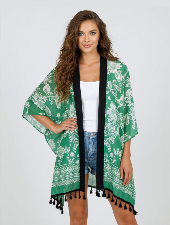Summer Pattern Print Kimono W/ Tassel Detailing